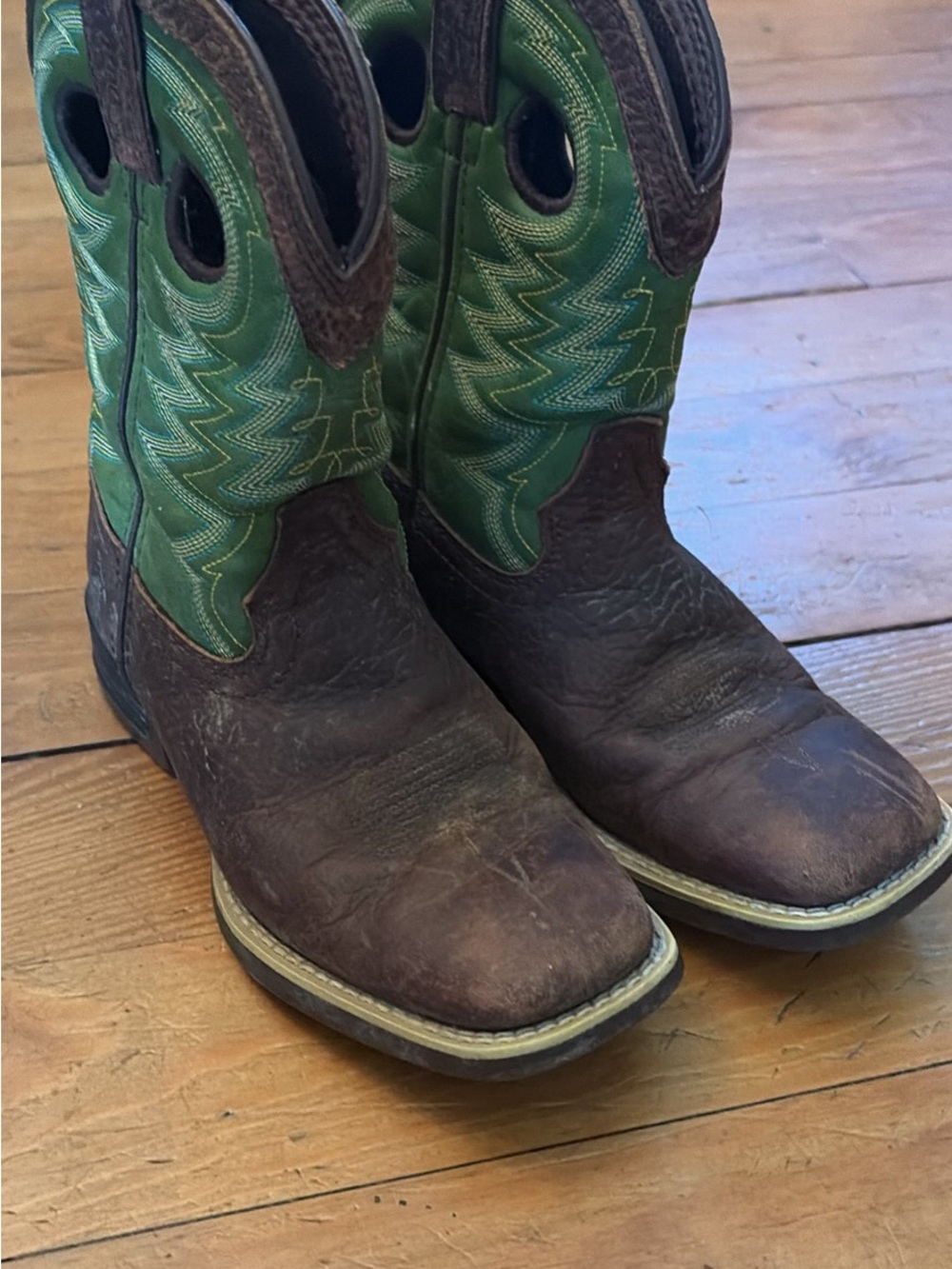 Durango Brown and Green Kids Western Pull-On Cowboy Boots
